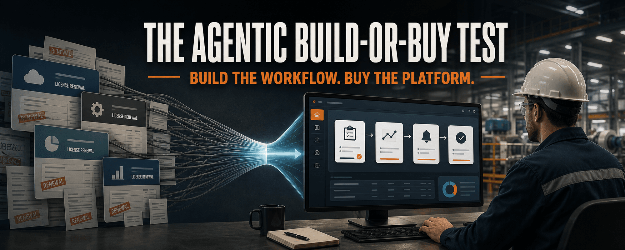 Industrial manufacturing software build-or-buy decision graphic showing a focused workflow app beside a hardened plant software platform.