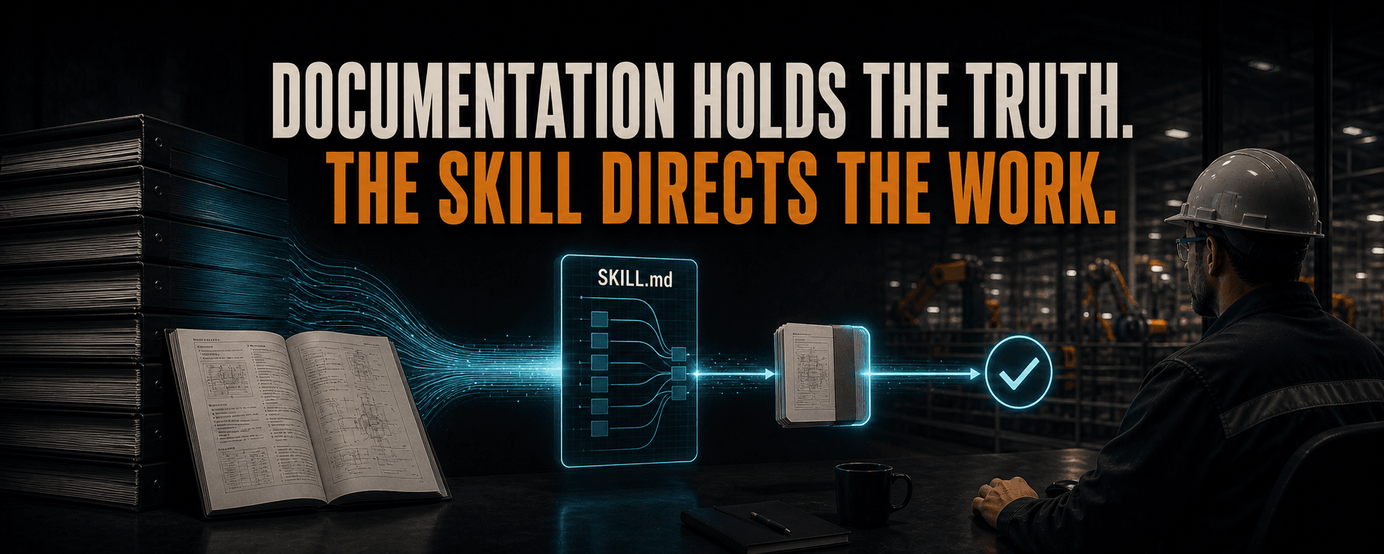 A large technical manual passes through a thin SKILL.md routing layer and becomes a focused, verified evidence packet.