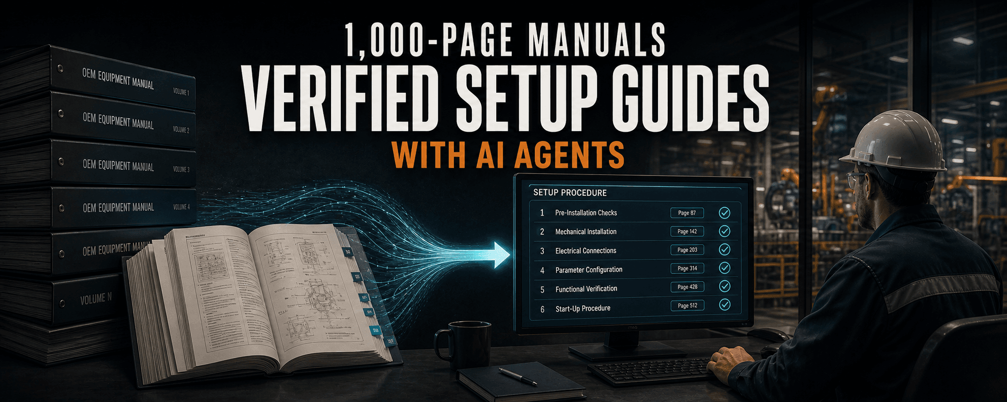 A plant engineer reviews an AI-generated setup checklist with page citations beside a stack of OEM equipment manuals.