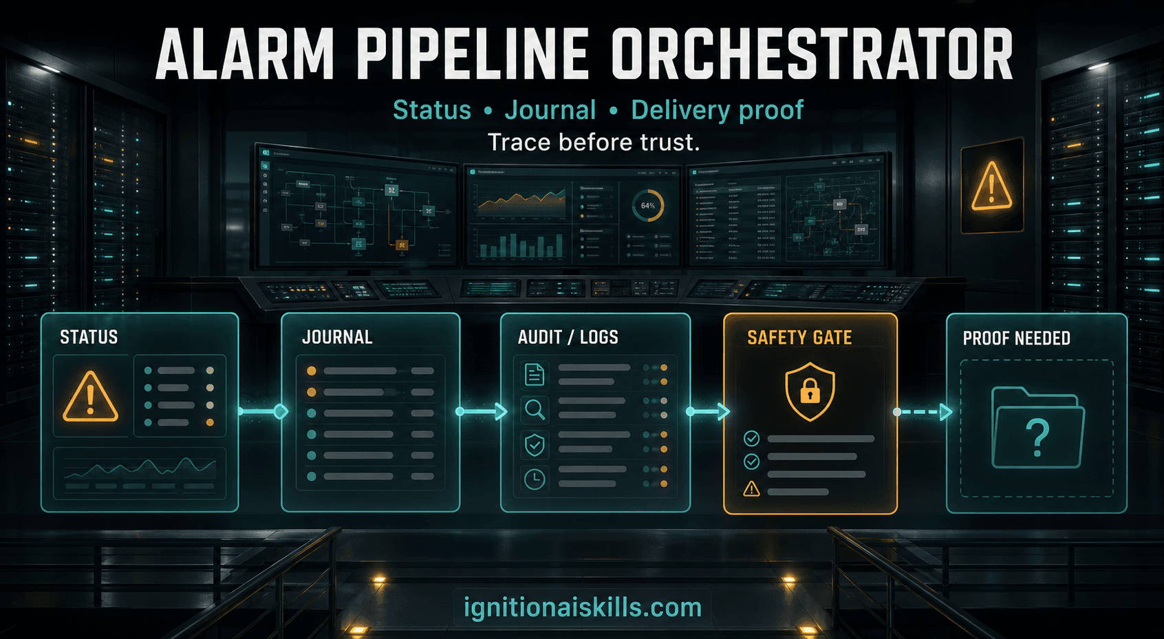 AI-generated industrial Alarm Pipeline Orchestrator graphic with baked-in text: Alarm Pipeline Orchestrator, Status, Journal, Delivery proof, Trace before trust.
