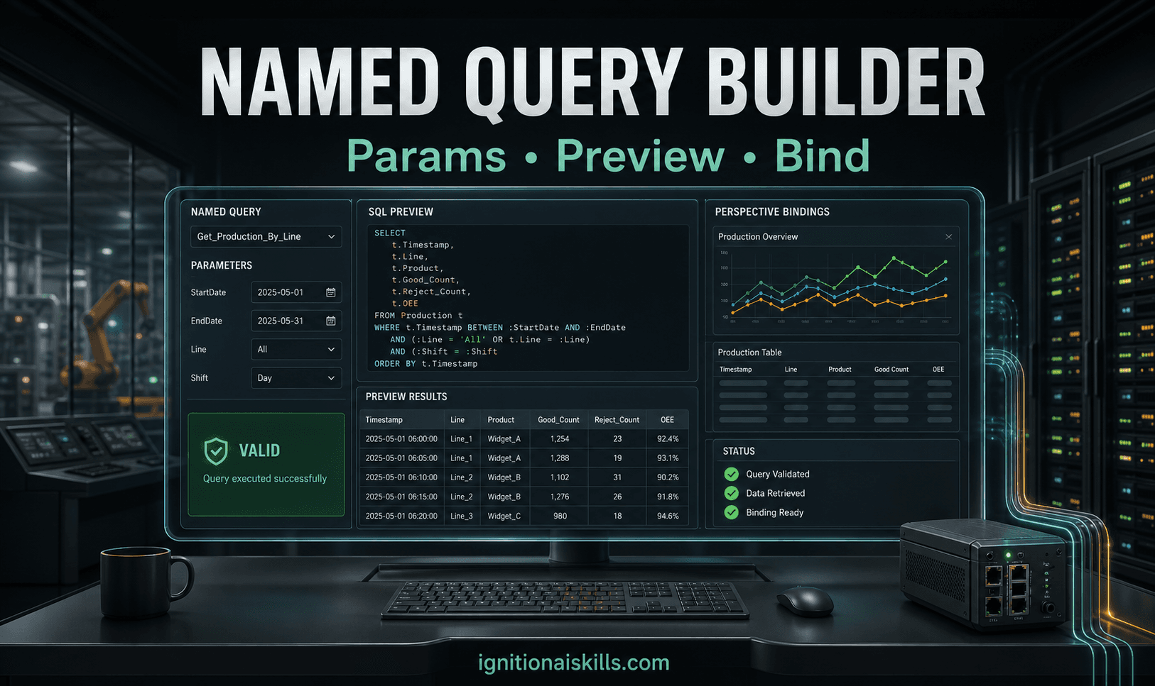 AI-generated industrial Named Query Builder graphic with baked-in text: Named Query Builder, Params, Preview, Bind.