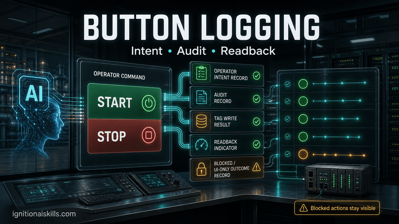 AI-generated industrial Button Logging graphic with baked-in text: Button Logging, Intent, Audit, Readback.