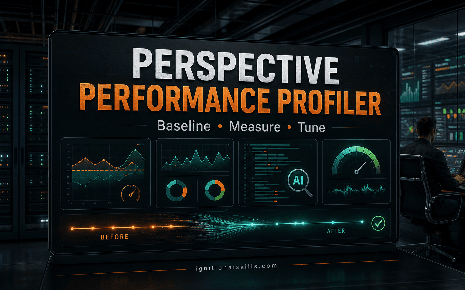 AI-generated industrial Perspective Performance Profiler graphic with baked-in text: Perspective Performance Profiler, Baseline, Measure, Tune.