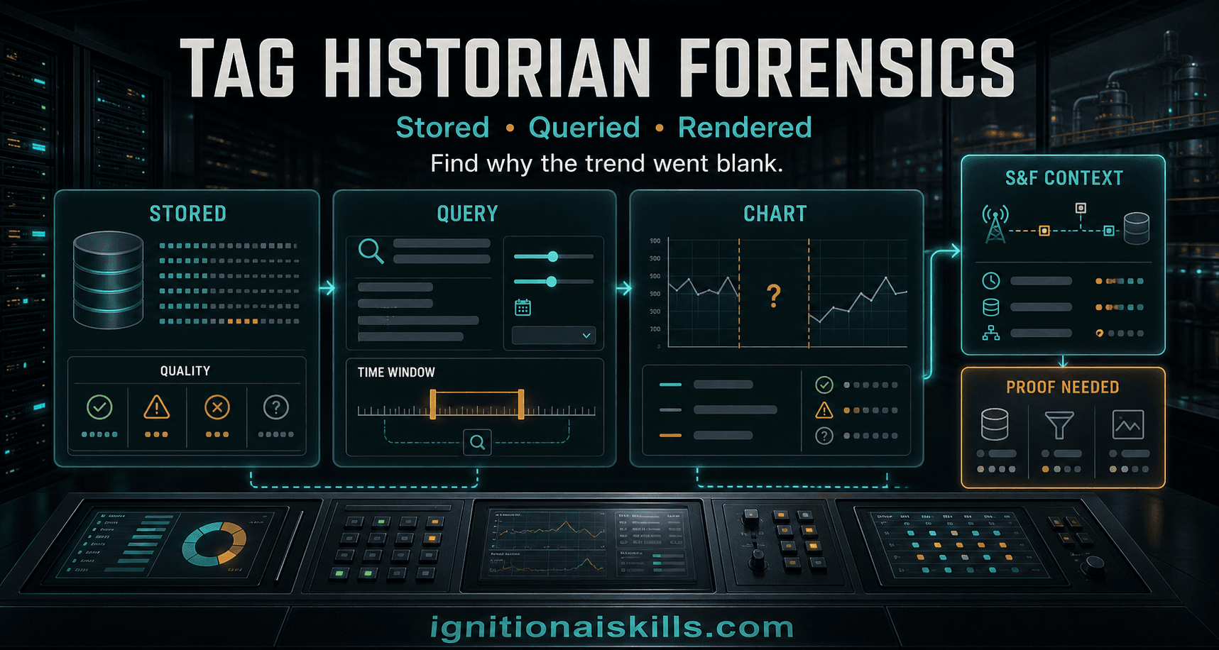 AI-generated industrial Tag Historian Forensics graphic with baked-in text: Tag Historian Forensics, Stored, Queried, Rendered, Find why the trend went blank.