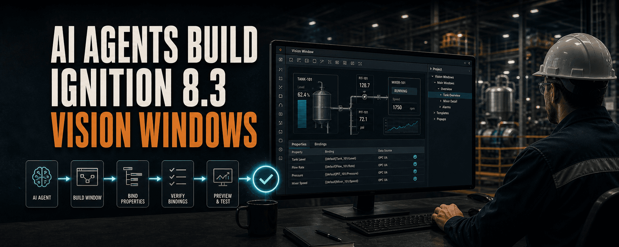 An engineer reviews an Ignition 8.3 Vision window, its component bindings, and a verified build-and-test workflow in a factory.