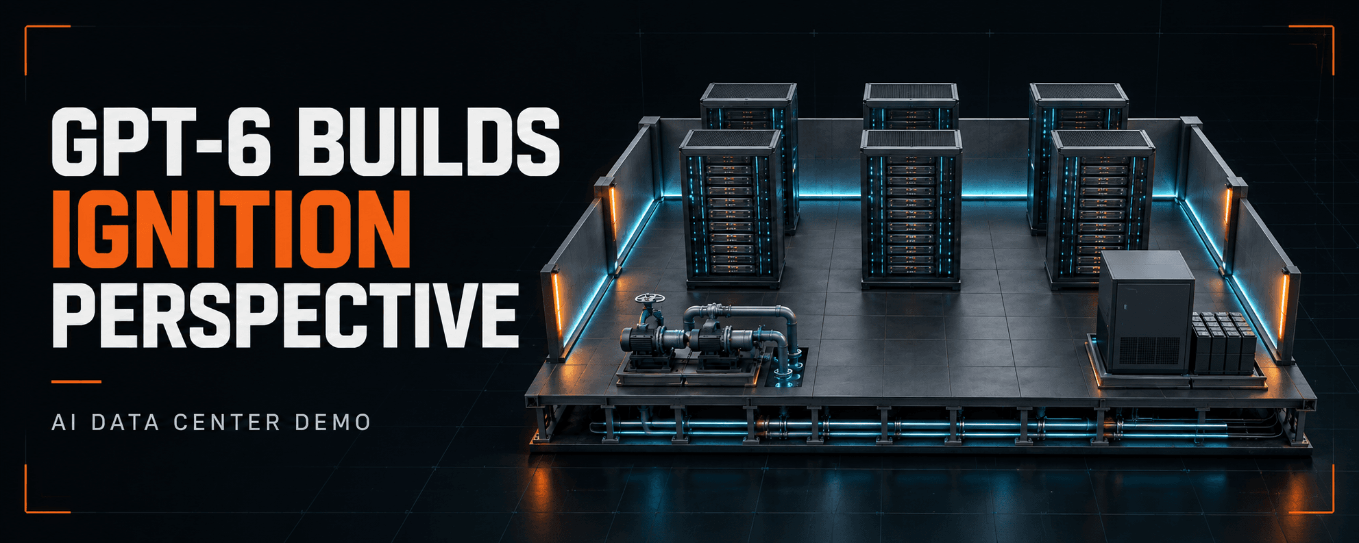 GPT-6 builds Ignition Perspective, with an illustrated data center containing GPU racks, cooling pumps, and a UPS.