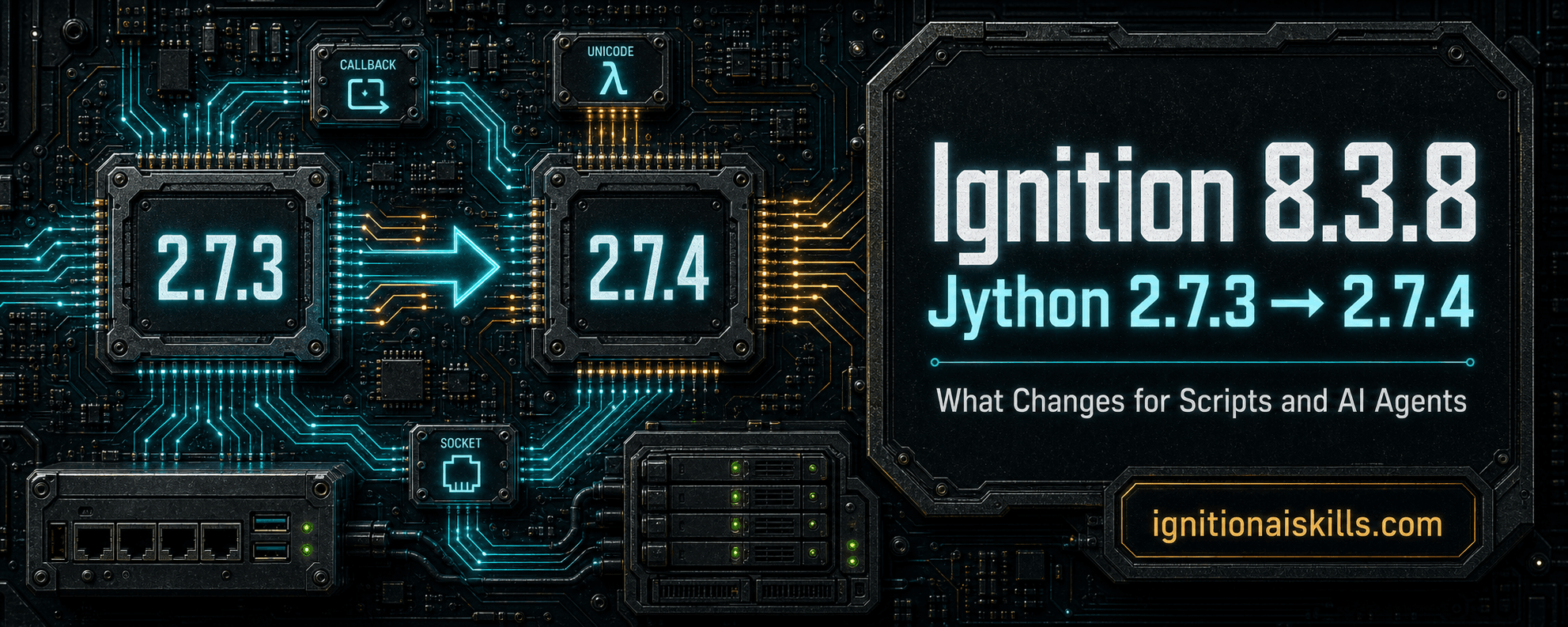 Industrial circuit-board graphic showing Ignition 8.3.8 upgrading from Jython 2.7.3 to 2.7.4, with callback, Unicode, and socket symbols.