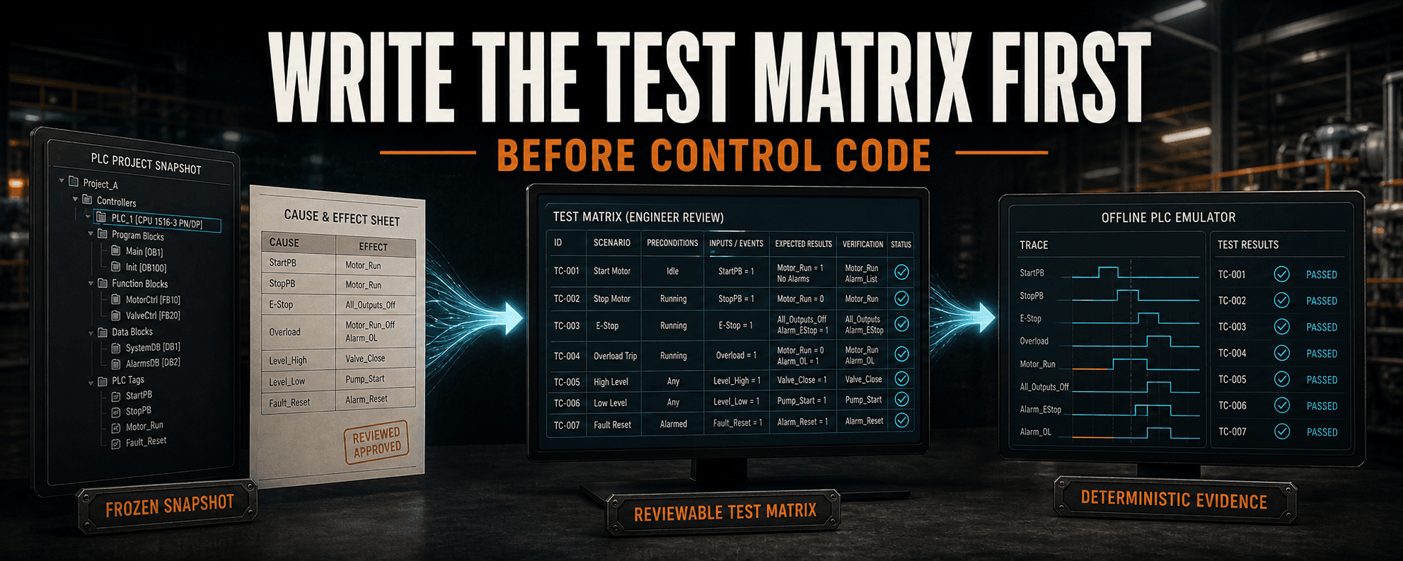 A frozen PLC project and approved cause-and-effect sheet feed an engineer-reviewed test matrix that runs in an offline PLC emulator.