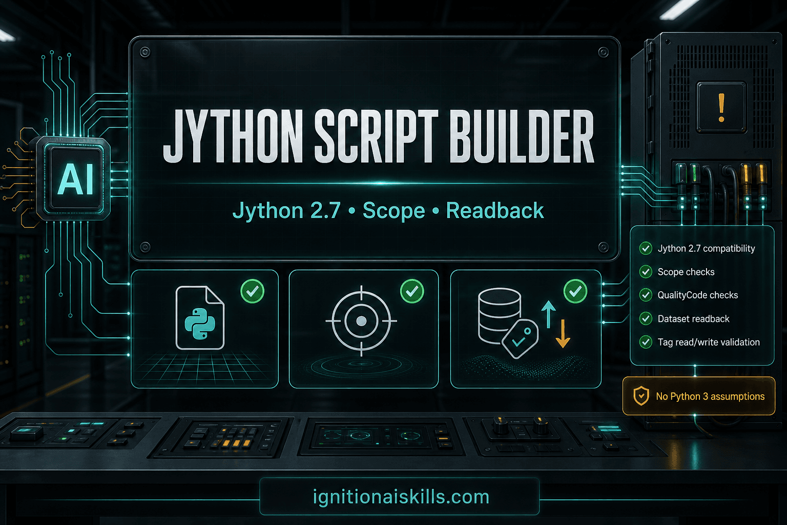 AI-generated industrial Jython Script Builder graphic with baked-in text: Jython Script Builder, Jython 2.7, Scope, Readback.