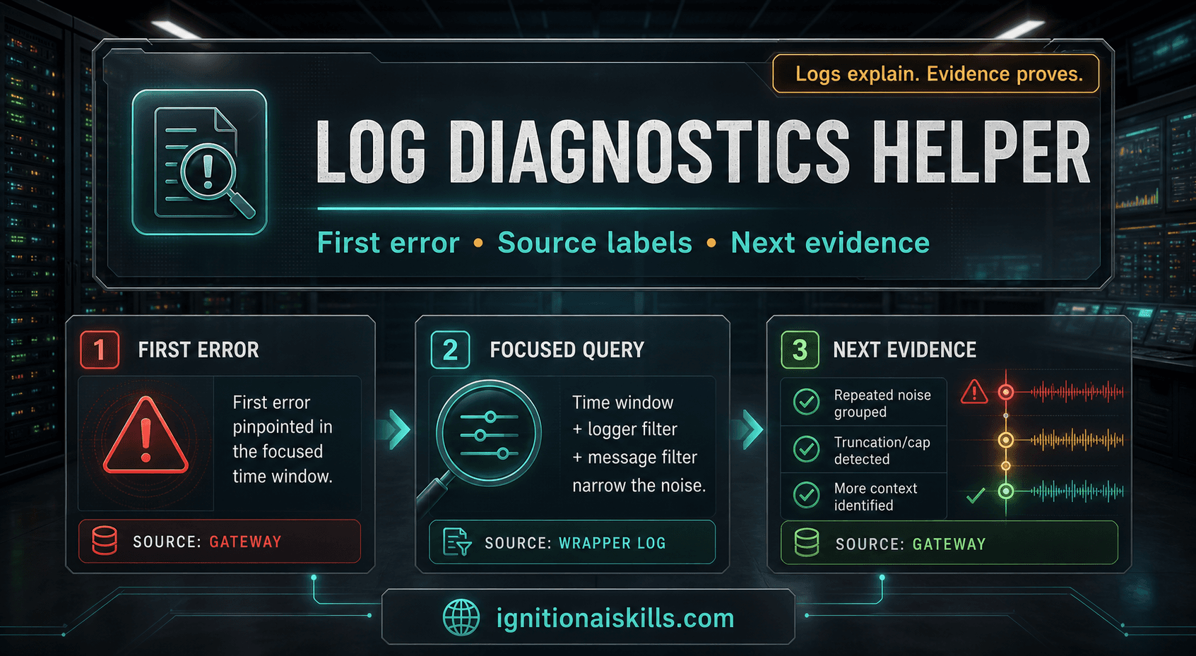 AI-generated industrial Log Diagnostics Helper graphic with baked-in text: Log Diagnostics Helper, First error, Source labels, Next evidence.