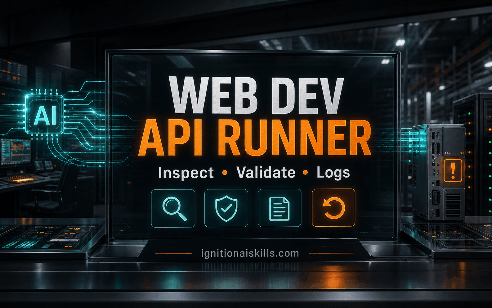 AI-generated industrial Web Dev API Runner graphic with baked-in text: Web Dev API Runner, Inspect, Validate, Logs.